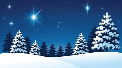 Christmas Winter Landscape with Snowy Pine Trees and Sparkling Stars on a Clear Night Sky Ideal for Holiday Greeting Cards and Seasonal Design Projects