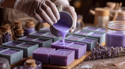 Handmade lavender soap making process pouring purple wax into molds artisan craft workshop