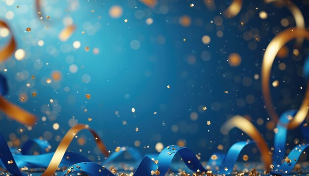 Blue backdrop with golden and blue ribbons and falling confetti. Festive abstract design with bokeh effect. Great for celebrations, holidays and greeting cards. Shiny particles twinkle.