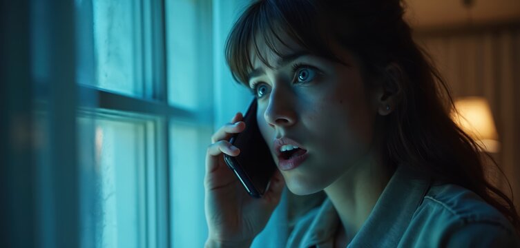 Frightened woman calls for help at night. She looks out window with wide eyes. Fearful lady uses phone to dial emergency service from dark home.