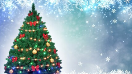 Obraz premium Festive Christmas Tree with Colorful Lights and Red Bows on Snowy Background for Holiday Decorations and Seasonal Design Elements