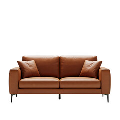 Obraz premium Brown Leather Two- Seater Sofa with Pillows on Black Background couch furniture isolated on a transparent background