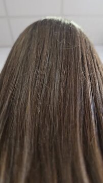 Professional hair care in beauty salon with stylist brushing long straight brown hair after keratin straightening and extensions for salon advertising, cosmetic product promotion