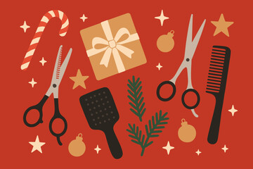 A flat lay of Christmas items&mdash;hairdressing tools, a gift, and holiday decorations set against a red backdrop&mdash;wishing you a merry Christmas and a happy new year