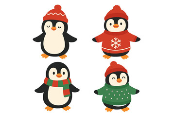 Obraz premium Cartoon winter penguins, festive Christmas illustrations of adorable penguins on greeting cards, adorned with knitted hats, sweaters, and scarves
