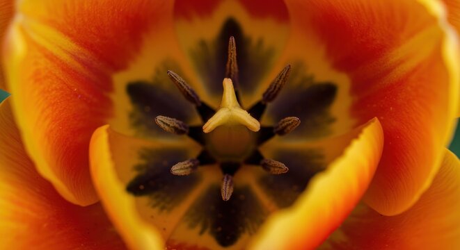 Intimate Macro: Vivid Orange Tulip Interior with Striking Stamen Detail