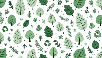 Green leaves trees and recycle symbols arranged in seamless pattern. Simple flat illustration conveys eco friendly concept. Nature and sustainability theme background.