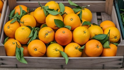 Close-up of Freshly Picked Oranges with Green Leaves Piled High in a Rustic Wooden Crate at a Farmer's Market