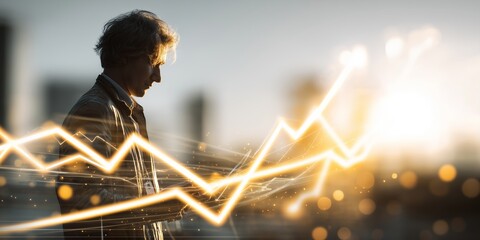 Silhouette of a Thoughtful Individual Analyzing Data Trends Against a Backdrop of Modern Cityscape and Glowing Graph Lines
