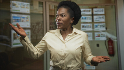Black woman showing open palms and speaking in a real estate agency building; concern explanation empathy service.