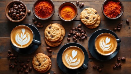 Three black coffee cups on saucers with latte art on wooden table. Coffee beans, cookies, orange and red spices in bowls are around cups. Top view of coffee break setting.