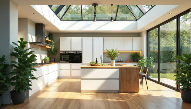 Bright modern kitchen features white cabinets, wood island, many green plants. Sunlight streams through large skylight, glass doors to garden. Clean, spacious room connects inside home with outdoor