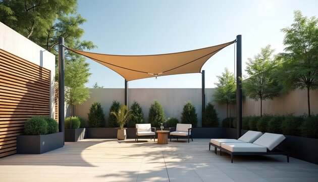 Modern outdoor patio features stylish outdoor furniture, comfortable loungers, armchairs, small wooden table on light flooring. Large beige shade sail provides ample cover. Green trees, plants in