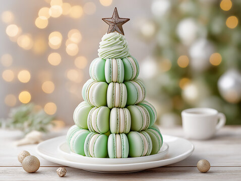 Green Macaron cookies stacked in shape of Christmas tree, with gold star on top