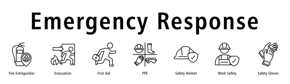 Emergency Response banner featuring Fire Extinguisher, Evacuation, First Aid, PPE, Helmet, Work Safety, and Gloves.