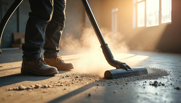 Man vacuums dusty concrete floor after construction work. Sunlight streams through windows illuminating dust particles. A worker cleans building site for new home.