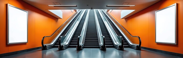 Two empty white poster mockups on vibrant orange walls in modern subway station interior. Multiple escalators ascend underground. Prime advertisement space offers great potential for effective