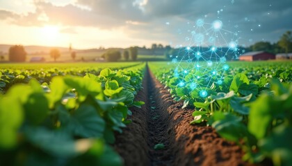 Green crops grow on farm land under sunlight. Digital network hovers. Modern agriculture concept. Farm, field, innovation. Future farming with advanced tech and eco system.