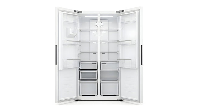 Showcasing a modern, spacious, and clean white side-by-side refrigerator with its doors wide open, ready to be filled with fresh food and beverages.