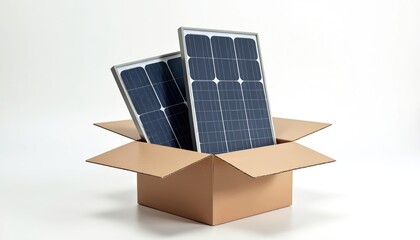 Solar panels packed in box on white backdrop. Cardboard container holds photovoltaic modules. Eco power solution delivery. Green tech innovation for sustainable energy future. Investment in renewable