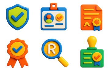 3D Verification Icons. 3D icon set of verification and credibility: checkmark in shield, verified ID card, document with seal,