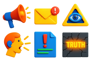 Bold Icon Set. 3D icon set of whistleblowing and courage: megaphone with light rays, envelope with red alert, eye inside triangle,