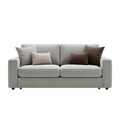 Fototapeta premium Light Gray Modern Sofa with Four Assorted Pillows on Black Background couch furniture isolated on a transparent background