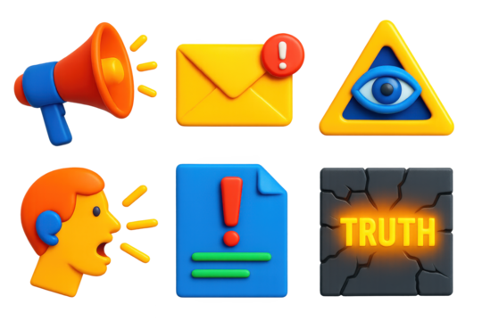 Bold Icon Set. 3D icon set of whistleblowing and courage: megaphone with light rays, envelope with red alert, eye inside triangle,