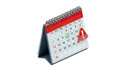 3D Desktop Calendar With Red Warning Icon and Green Check Mark on Transparent Background