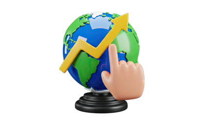 3D Globe With Upward Trending Arrow And Human Finger Selecting Africa For Financial Growth And Economic Development On Transparent Background