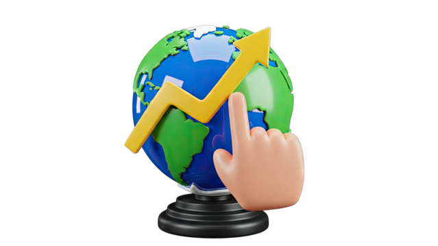 3D Globe With Upward Trending Arrow And Human Finger Selecting Africa For Financial Growth And Economic Development On Transparent Background