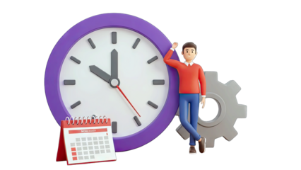 3D Cartoon Man Standing Beside Large Purple Clock with Calendar and Gear Illustration representing Time Management and Productivity with Transparent Background