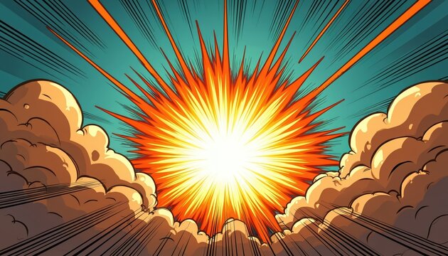 Comic style explosion burst with bright orange yellow flash fills center. Powerful energy radiates outward from fiery blast. Dark smoke clouds, speed lines show dynamic impact effect. Abstract pop