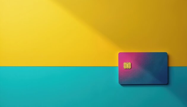 Blank credit card with chip rests on split yellow and teal background. Minimalist design suggests finance, payments, and modern commerce. Use for fintech, banking, or shopping themes.