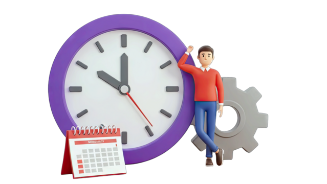 3D Cartoon Man Standing Beside Large Purple Clock with Calendar and Gear Illustration representing Time Management and Productivity with Transparent Background