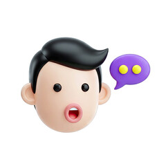 3D cartoon surprised man with open mouth and speech bubble with two yellow dots isolated on transparent background.