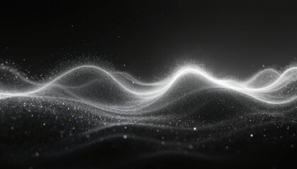 Fototapeta premium Abstract white glowing wave pattern composed of tiny particles flowing on dark background. Subtle light motion creates futuristic digital organic shape and subtle atmospheric effect.
