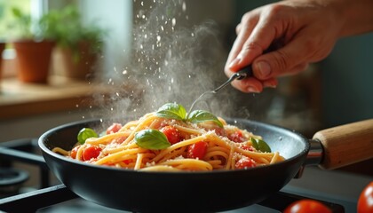 Close up of pasta with basil. Cook prepares spaghetti dish with tomato and sauce in pan. Italian cuisine. Healthy meal prep. Food photo for cooking blog article.