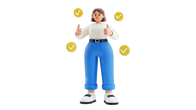3D Cartoon Woman Giving Thumbs Up With Checkmarks Floating Around Her On Transparent Background