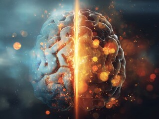 division. An artistic brain illustration split into creative and logical halves, showcasing human cognition and thought. STEM education sheets.