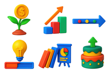 Startup Icon Set. 3D icon set of startup progress stages: seed sprouting into coin, steps labeled vision–build–grow, timeline