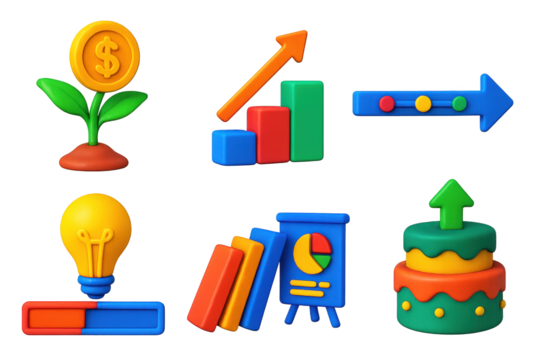 Startup Icon Set. 3D icon set of startup progress stages: seed sprouting into coin, steps labeled vision–build–grow, timeline - Powered by Adobe