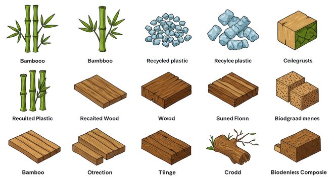 Isometric Illustration of Sustainable Materials: Bamboo, Recycled Plastic, and Wood Variations