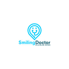 Smiling Doctor Logo with Stethoscope and Location Pin.