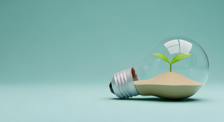 renewable energy light bulb with green energy, Earth Day or environment protection Hands protect forests that grow on the ground and help save the world, solar panels