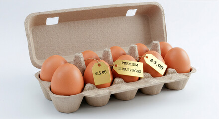 Carton of brown eggs labeled with luxury price tags, highlighting the concept of expensive food, premium products, and rising grocery costs
