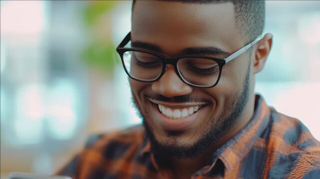 Smiling man in shirt looking at cellphone, laughing, good mood, happy, modern technology, office environment, casual attire, cheerful expression, social interaction, personal communication, digital