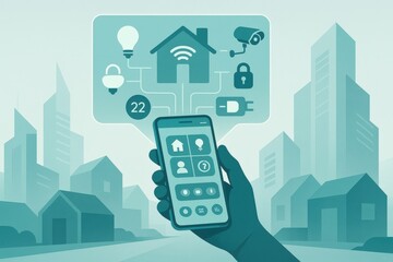 Smart home technology integration showcased on a mobile device displaying user friendly control features for security lights and digital appliances in a modern urban setting