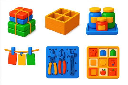 Vibrant Organizing Icons. 3D icon set of physical organizing items: rope-tied bundles, wooden divider box, labeled jars in shelf,
