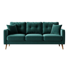 Obraz premium Teal Velvet Tufted Three- Seater Sofa with Wooden Legs on Black Background couch furniture isolated on a transparent background